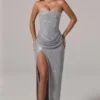 Vestido largo con cuello vuelto y cintura fruncida y adornos de La Rochette en color plateado