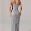 Vestido largo con cuello vuelto y cintura fruncida y adornos de La Rochette en color plateado
