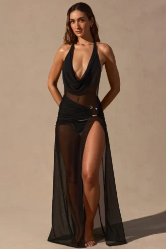 Vestido largo con cuello vuelto y escote pronunciado Anaya en negro