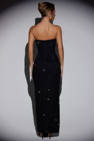 Vestido largo con cuello vuelto y tirantes finos adornado de La Rochette en negro