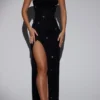 Vestido largo con cuello vuelto y tirantes finos adornado de La Rochette en negro