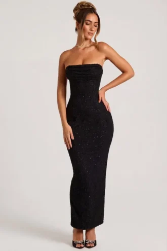 Vestido largo con cuello vuelto y tirantes finos adornado Palermo en negro