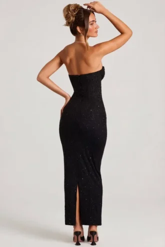 Vestido largo con cuello vuelto y tirantes finos adornado Palermo en negro