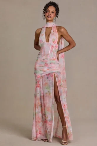 Vestido largo con detalle de bufanda adornada Primrose Premium con estampado floral rosa