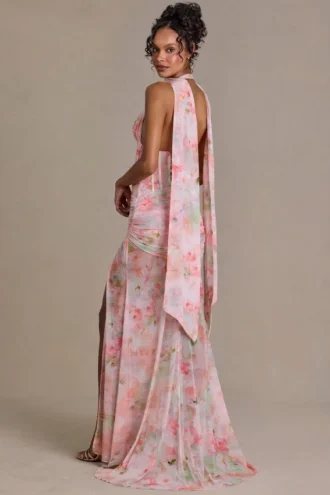 Vestido largo con detalle de bufanda adornada Primrose Premium con estampado floral rosa
