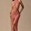 Vestido largo con escote halter y aberturas Caicos con estampado de cachemira