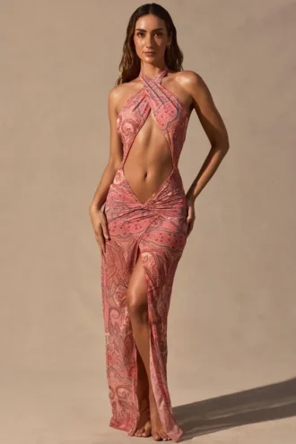 Vestido largo con escote halter y aberturas Caicos con estampado de cachemira