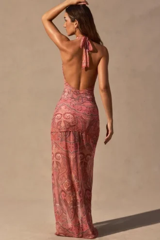 Vestido largo con escote halter y aberturas Caicos con estampado de cachemira