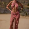 Vestido largo con escote halter y aberturas Caicos con estampado de cachemira