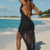 Vestido largo con escote halter y aberturas Caicos en negro
