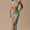 Vestido largo con escote halter y aberturas Caicos en verde espuma de mar