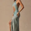 Vestido largo con escote halter y aberturas Caicos en verde espuma de mar