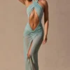 Vestido largo con escote halter y aberturas Caicos en verde espuma de mar