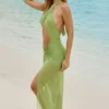 Vestido largo con escote halter y aberturas Caicos en verde oliva
