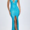 Vestido largo con escote halter y aberturas decoradas Joella en turquesa