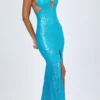 Vestido largo con escote halter y aberturas decoradas Joella en turquesa