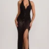 Vestido largo con escote halter y adornos Ianthe en negro