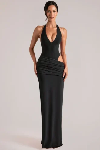 Vestido largo con escote halter y escote profundo Oona en negro