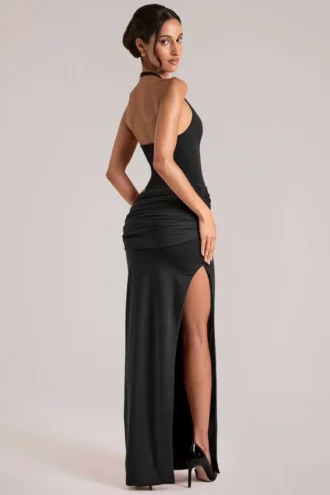 Vestido largo con escote halter y escote profundo Oona en negro