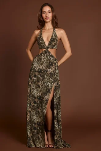 Vestido largo con escote pronunciado y aberturas Tarsia con estampado de leopardo