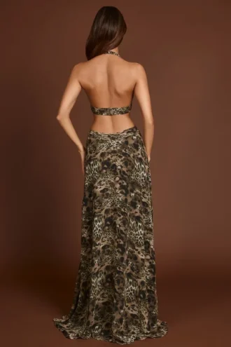 Vestido largo con escote pronunciado y aberturas Tarsia con estampado de leopardo