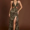 Vestido largo con escote pronunciado y aberturas Tarsia con estampado de leopardo
