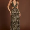 Vestido largo con escote pronunciado y aberturas Tarsia con estampado de leopardo