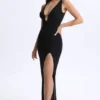 Vestido largo con escote pronunciado y aberturas Zora en negro