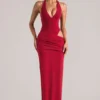 Vestido largo con escote pronunciado y cuello halter Oona en rojo cereza