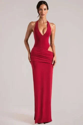 Vestido largo con escote pronunciado y cuello halter Oona en rojo cereza