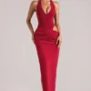 Vestido largo con escote pronunciado y cuello halter Oona en rojo cereza