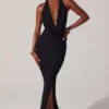 Vestido largo con escote pronunciado y cuello vuelto Mariposa en negro