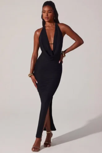Vestido largo con escote pronunciado y cuello vuelto Mariposa en negro