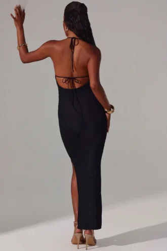 Vestido largo con escote pronunciado y cuello vuelto Mariposa en negro