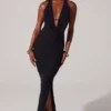 Vestido largo con escote pronunciado y cuello vuelto Mariposa en negro