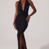 Vestido largo con escote pronunciado y cuello vuelto Mariposa en negro