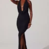Vestido largo con escote pronunciado y cuello vuelto Mariposa en negro