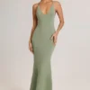 Vestido largo con escote pronunciado y espalda descubierta Leire Modal en verde salvia