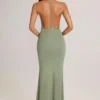 Vestido largo con escote pronunciado y espalda descubierta Leire Modal en verde salvia