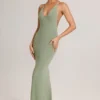Vestido largo con escote pronunciado y espalda descubierta Leire Modal en verde salvia