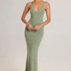 Vestido largo con escote pronunciado y espalda descubierta Leire Modal en verde salvia