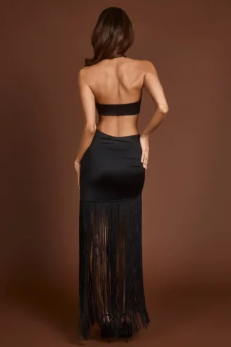 Vestido largo con escote pronunciado y flecos Solferina en negro