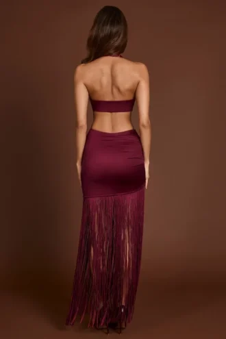 Vestido largo con escote pronunciado y flecos Solferina en rojo vino