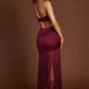Vestido largo con escote pronunciado y flecos Solferina en rojo vino
