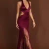 Vestido largo con escote pronunciado y flecos Solferina en rojo vino