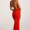 Vestido largo con espalda abierta de jersey texturizado Noelia en rojo intenso