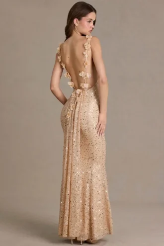 Vestido largo con espalda abierta y adornos Ariette Premium en dorado