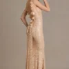 Vestido largo con espalda abierta y adornos Ariette Premium en dorado