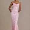 Vestido largo con espalda abierta y adornos Ariette Premium en rosa bebé