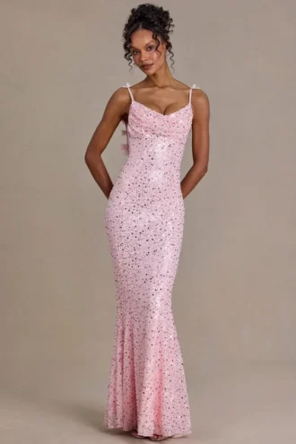 Vestido largo con espalda abierta y adornos Ariette Premium en rosa bebé